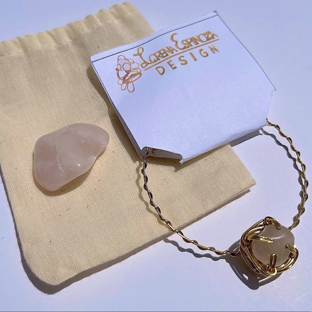 ROSE QUARTZ PALM STONE & MATCHING WIREWRAPPED GEMSTONE BRACELET SET